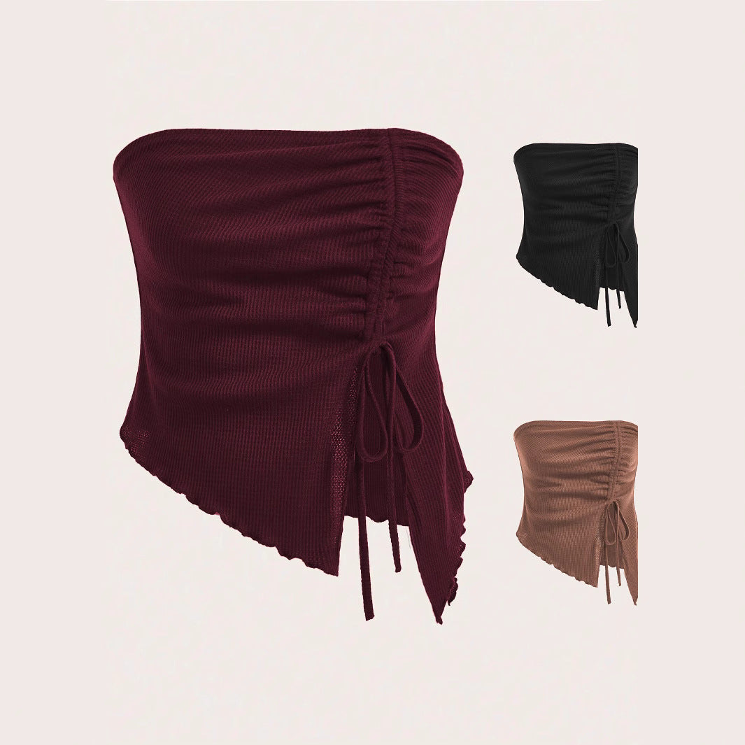 Women's Summer New Arrival Drawstring Slit Asymmetrical Waffle-Texture Slim-fit Tube Top Bustier