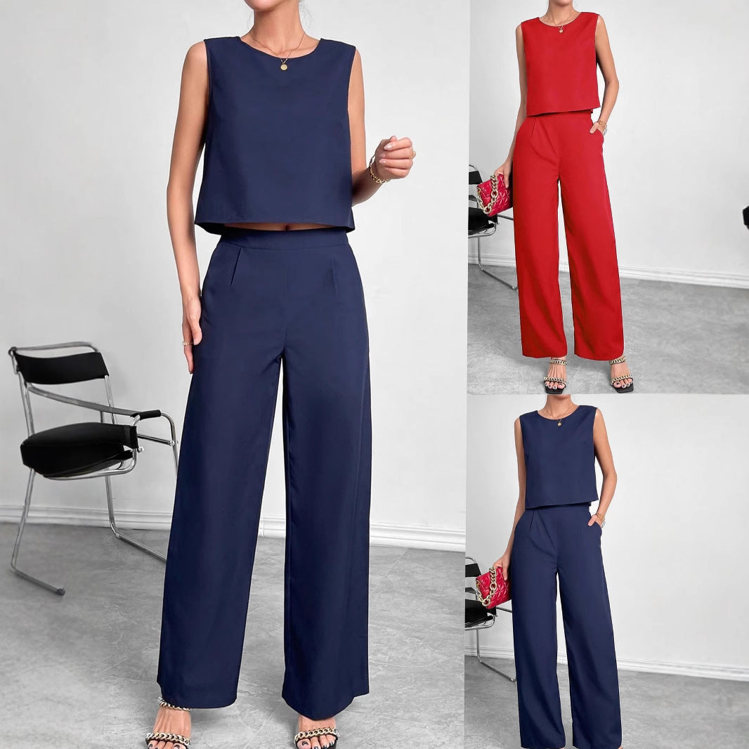 Round Neck Sleeveless Top Wide Leg Pants Two-piece Set