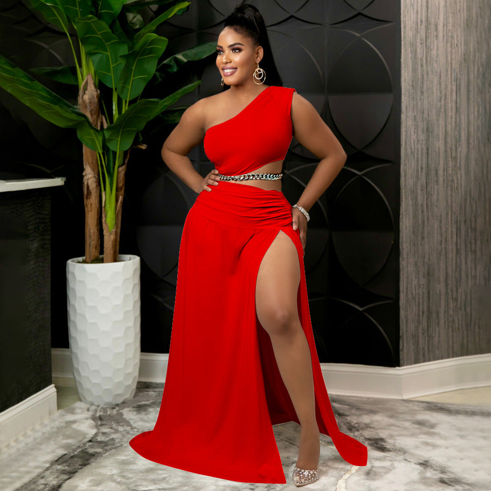 Solid-color Off-the-shoulder Sexy Bodycon Two-piece Set