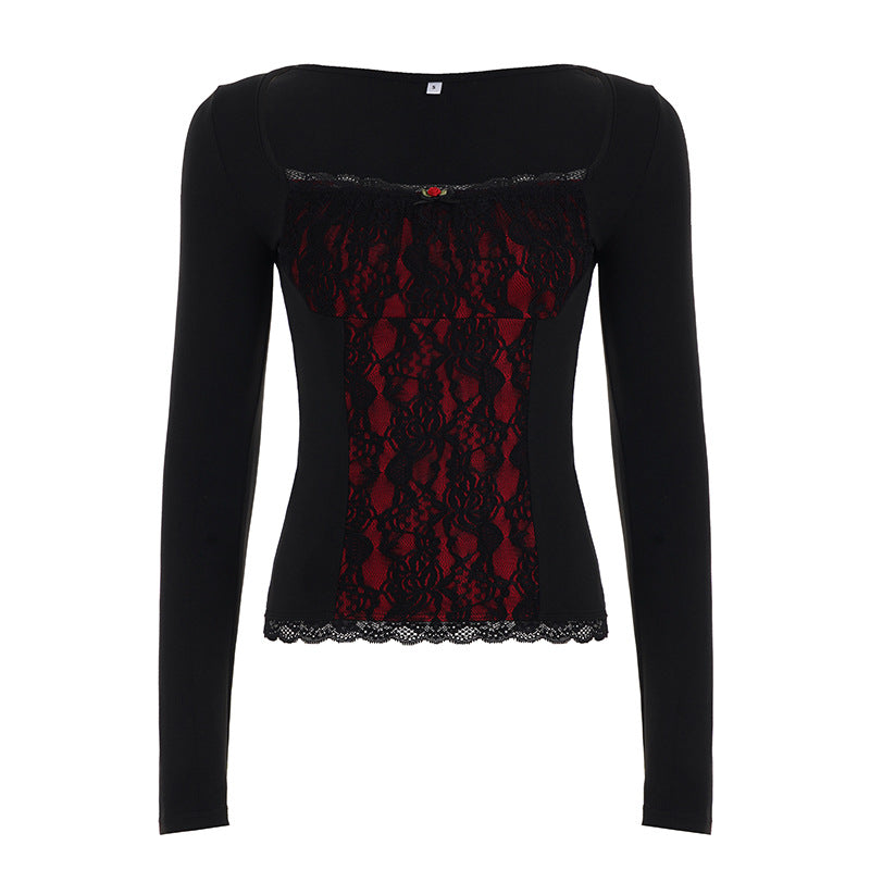 Lace-embellished Long-sleeve Blouse With Ruffled Trim