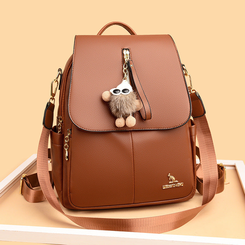 New Genuine Leather With Pendant High-value Female Student Travel Backpack