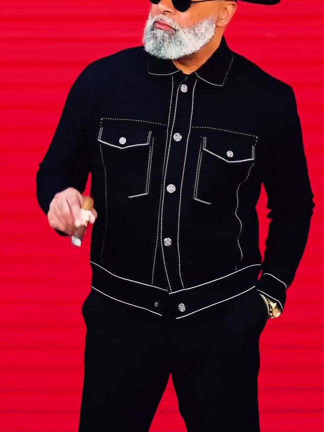Black Denim Jacket With White Topstitching Detail