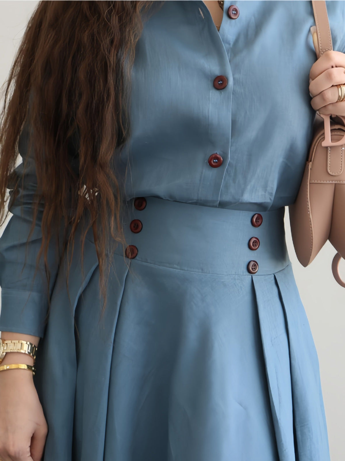 Solid Color Shirt & High Waist Skirt Suit