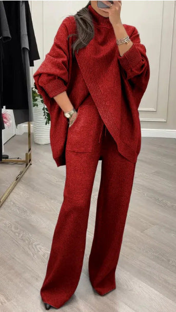 V-neck Single-breasted Slim-fit Knitwear Two-piece Set
