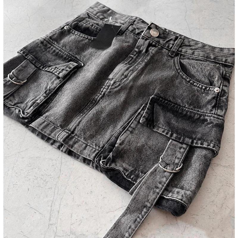 Multiple Pockets Denim Plaid Skirt Vintage Goth Black Y2k