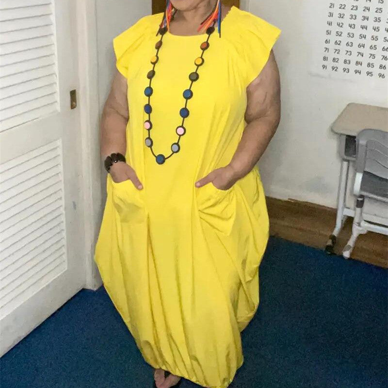Women's Plus-Size Solid-Color Loose Dress With Two Pockets