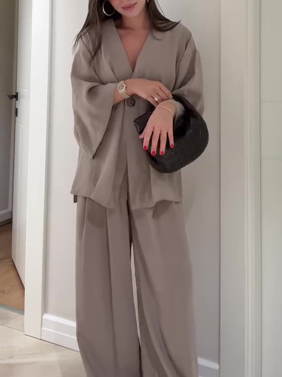 Solid Color Single Button Top And Pants Set