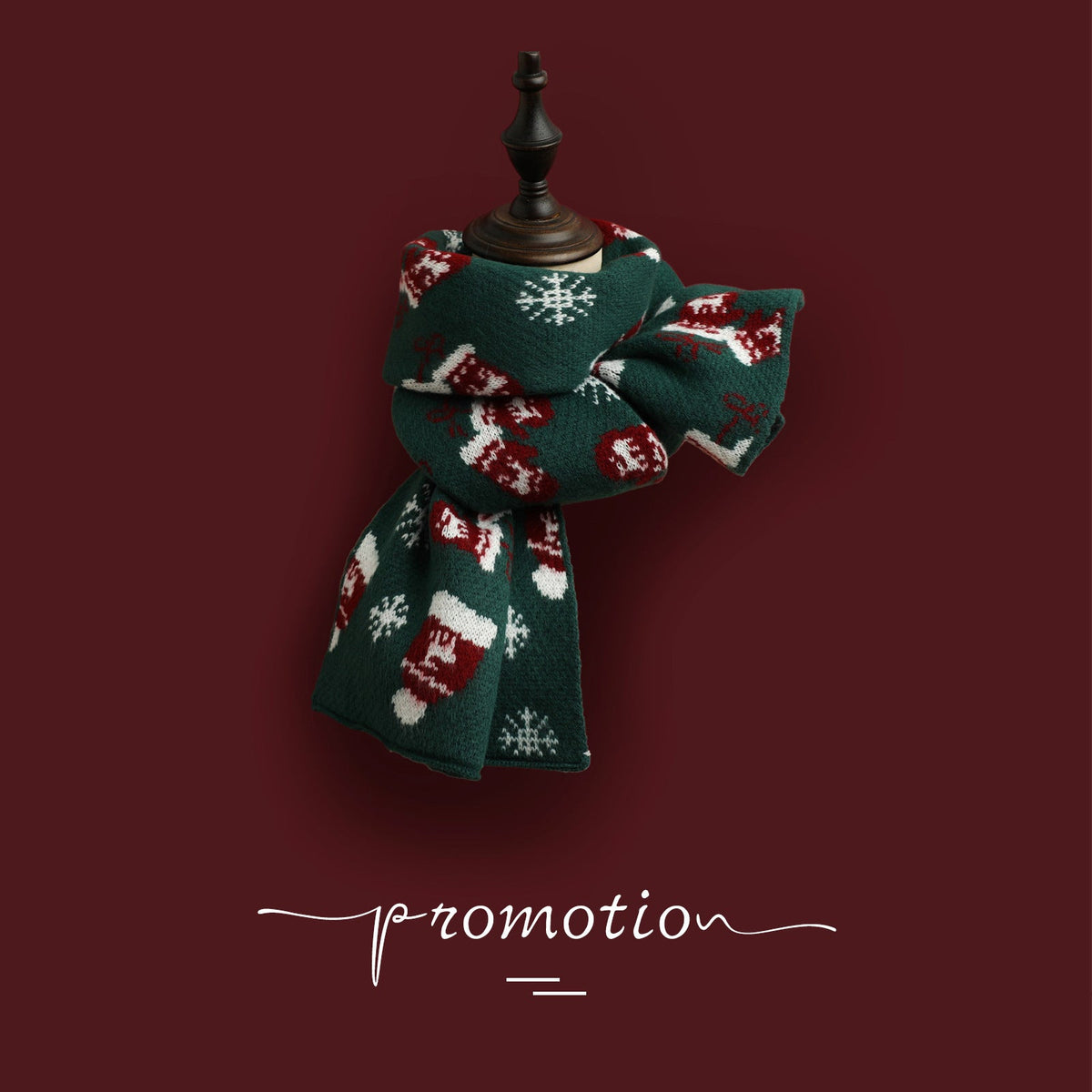 Red Knitted Scarf With Elk Print And Snowflake Pattern Designed For Warmth