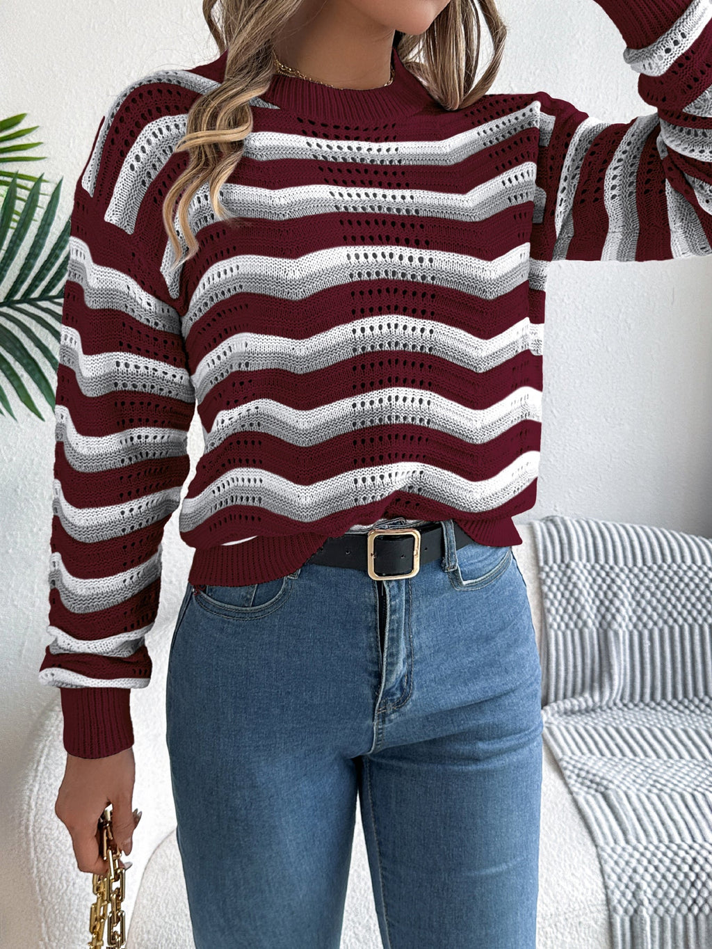 Women Casual Hollow Out Color Block Stripe Lantern Sleeve Pullover Sweater