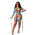 Sexy Women Mesh See-Through Printed Dress With Bandage