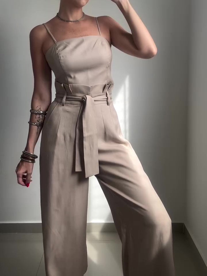 Solid Color Suspender Top & High Waist Pants Set