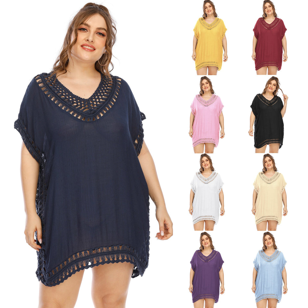 Women's Handmade V-neck Patchwork Solid Color Beach Dress