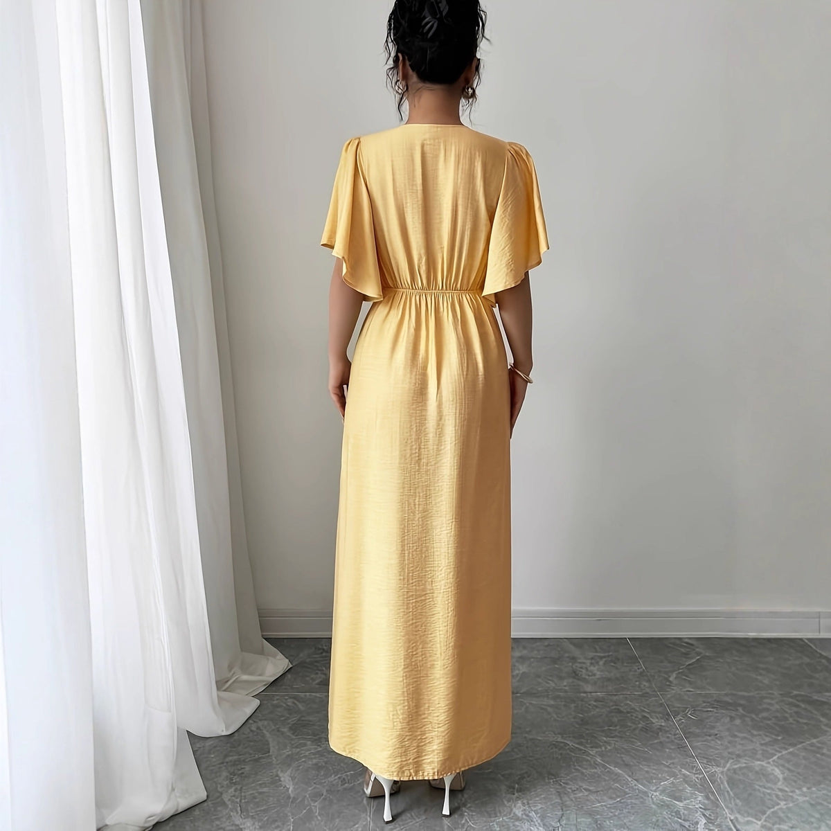 Women's Solid-Colored Split Simple Dress With Petal Sleeves