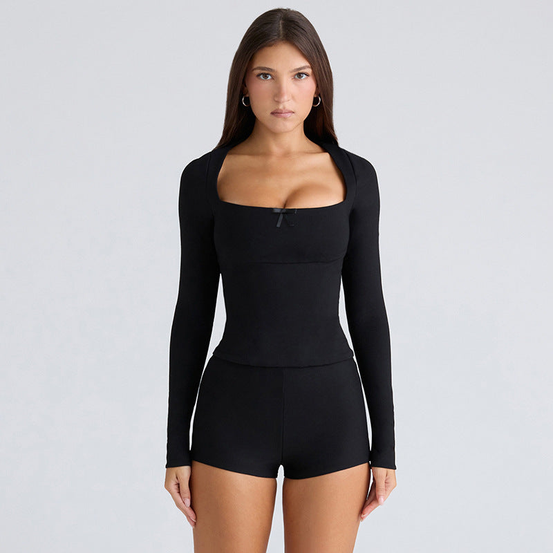 New Square Collar Bow Long Sleeve Top Tight Shorts Suit Women