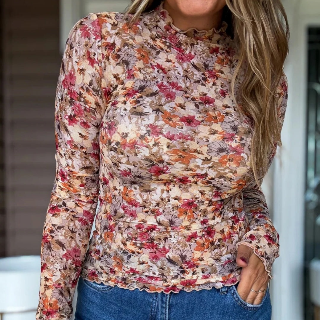 Women's Casual Long-Sleeve Lace Floral Mesh Top
