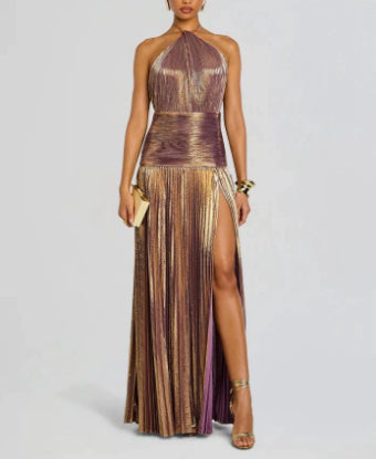 Sexy Pleated Halter Neck Long Dresses Summer Split Sleeveless Dress Evening Party Club Women's Clothing