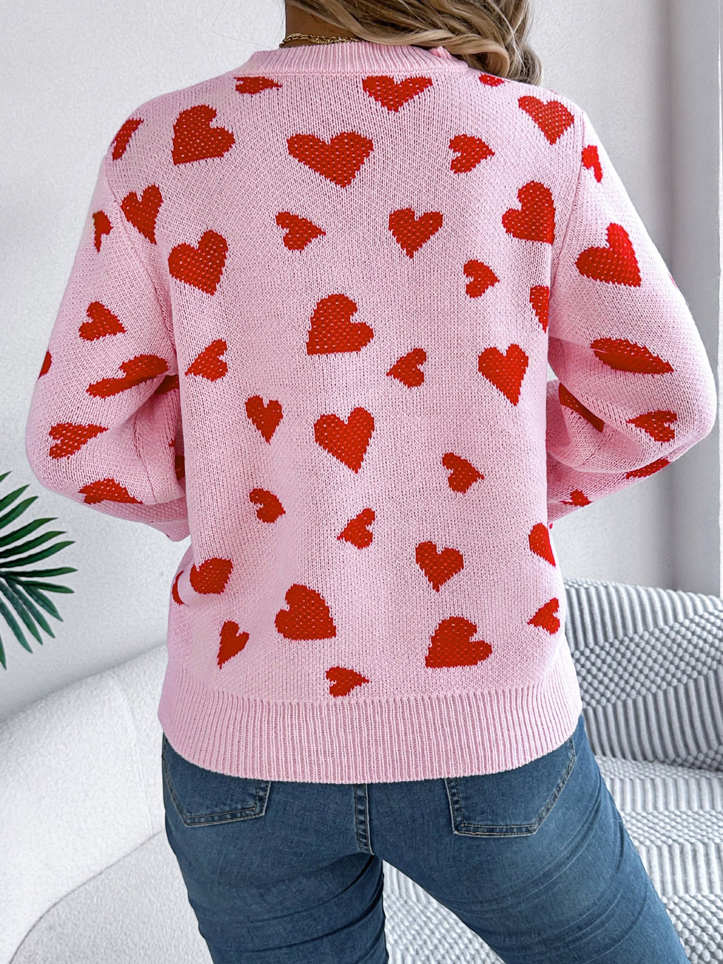 Women Casual Color Block Heart Lantern Sleeve Pullover Sweater