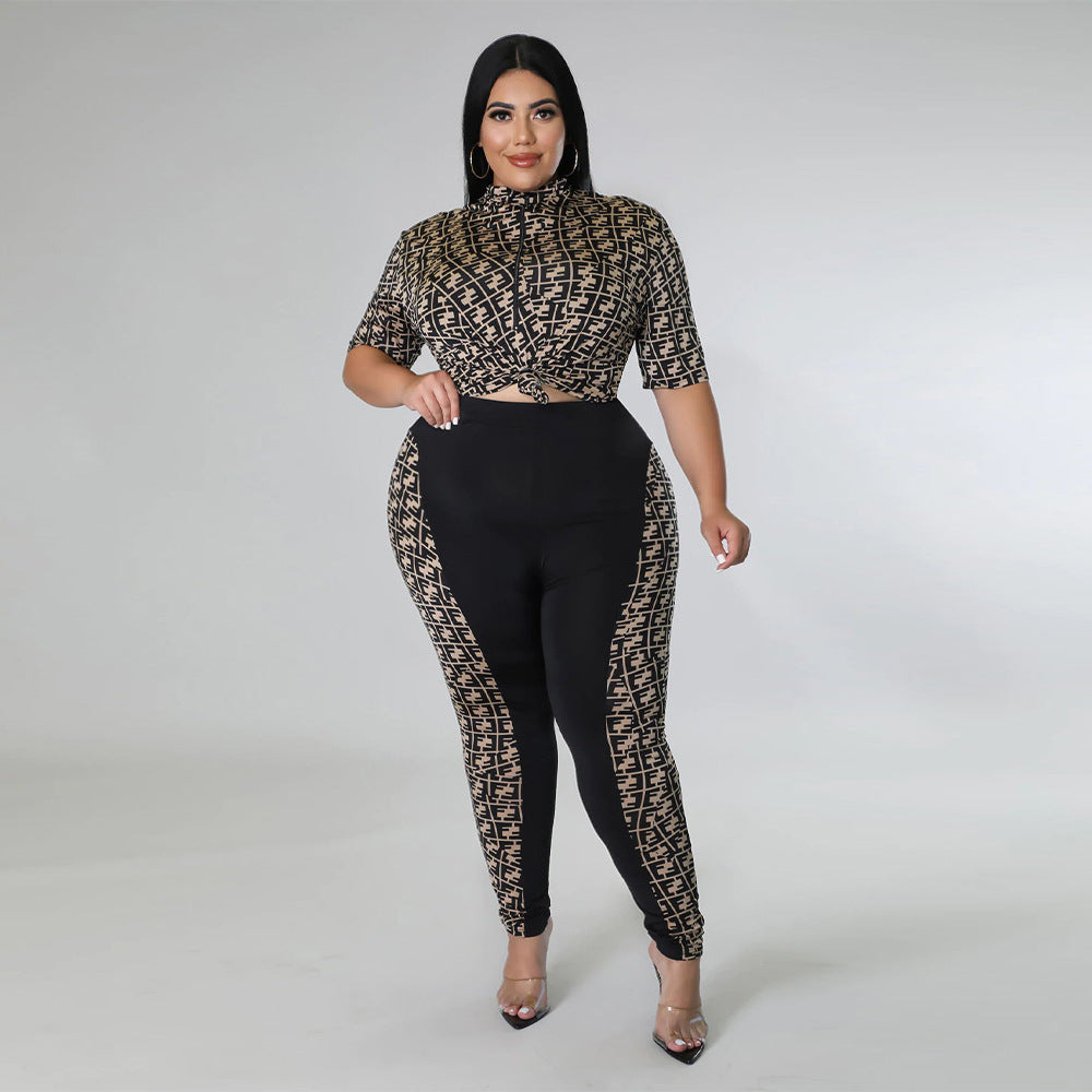 Digital-print Solid-color Patchwork Chic Casual Women's Suit