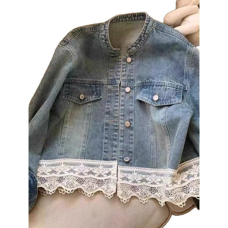 Retro Washed Small Stand Collar Lace Stitching Loose Casual Denim Coat Women's Short