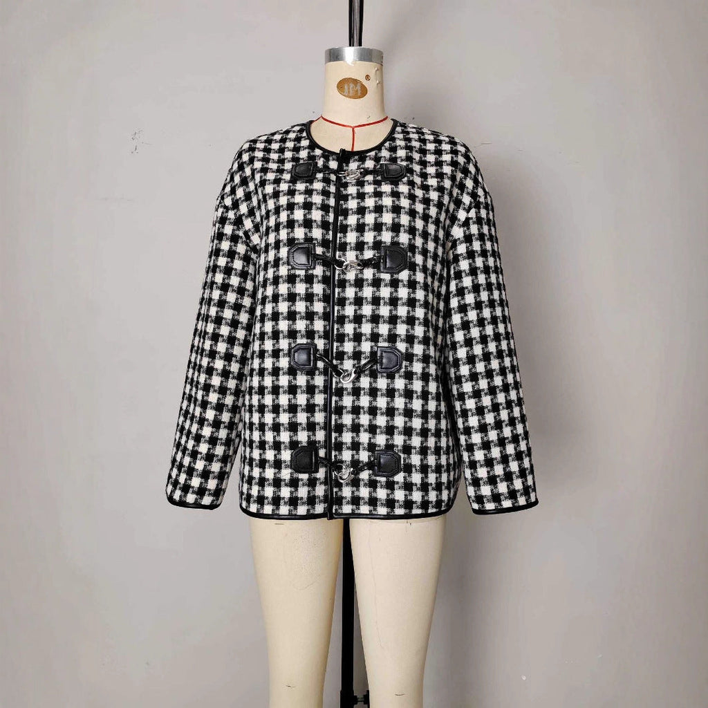 Metal Buckle Decorative Round Neck Hemming Shorts Jacket
