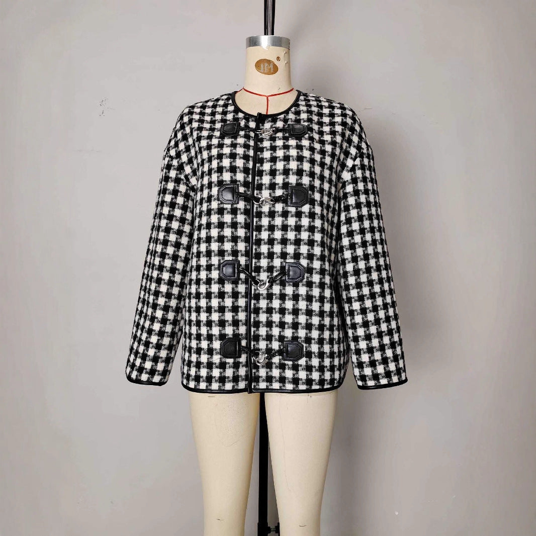 Metal Buckle Decorative Round Neck Hemming Shorts Jacket
