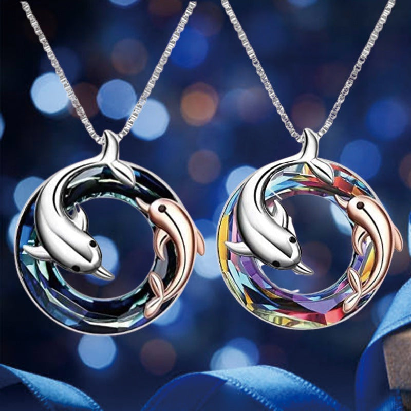 Colorful Circle Crystal Dolphin Pendant Necklace