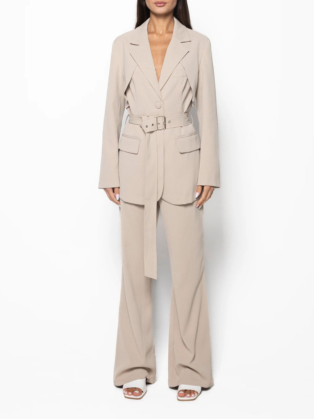 Elegant Solid Color Belted Blazer & High Waist Pants Set