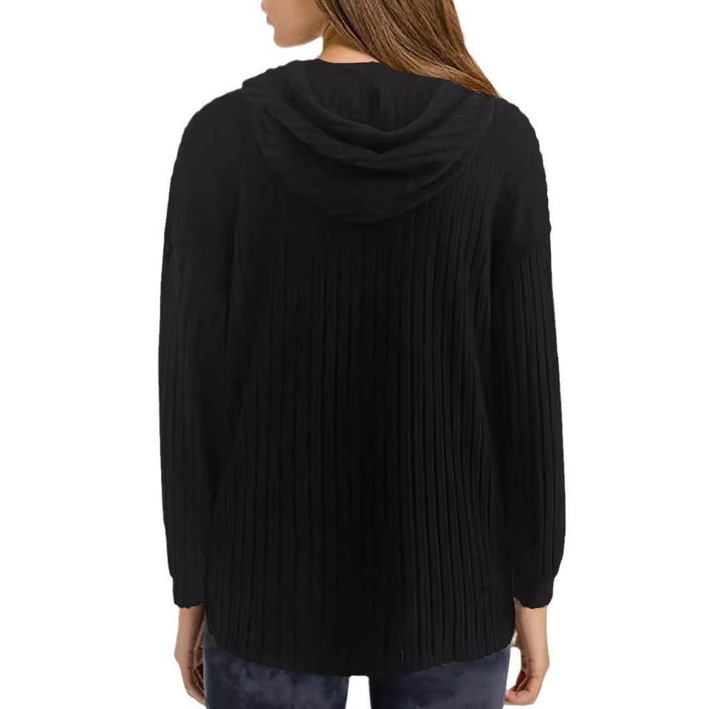 Loose-fitting Solid Color Long Sleeves Casual Sunken Stripe Hooded Sweater