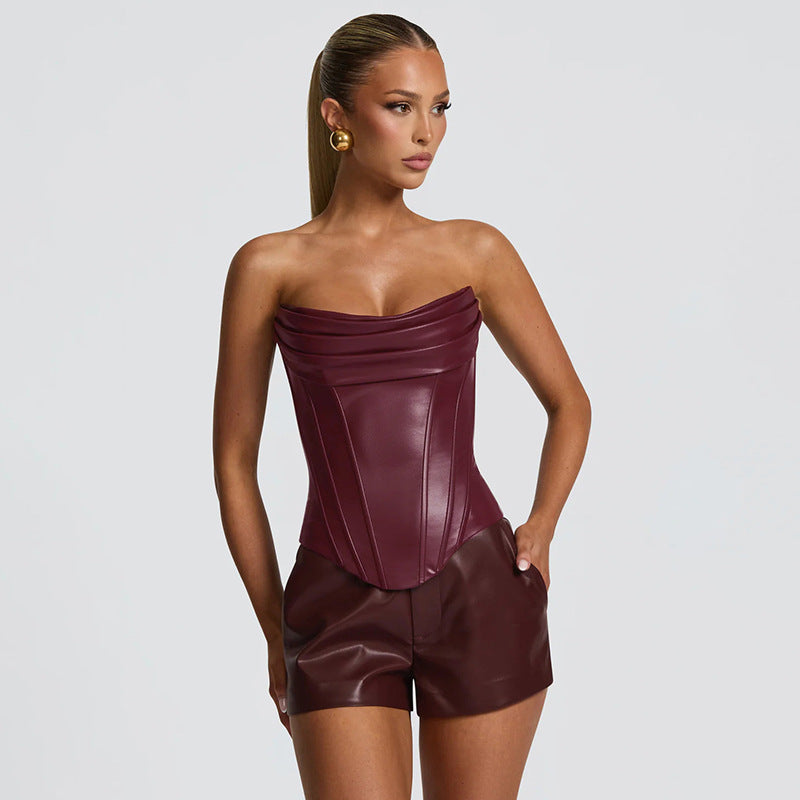 Women's PU Leather Fishbone-Strap Corset Sleeveless Top
