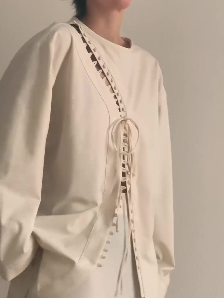 Cream Lace-Up Detail Top And Asymmetric Maxi Skirt Set
