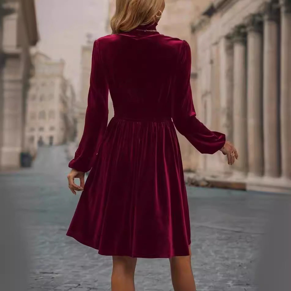 Graceful Stand Collar Solid Color Velvet Long Sleeve Dress