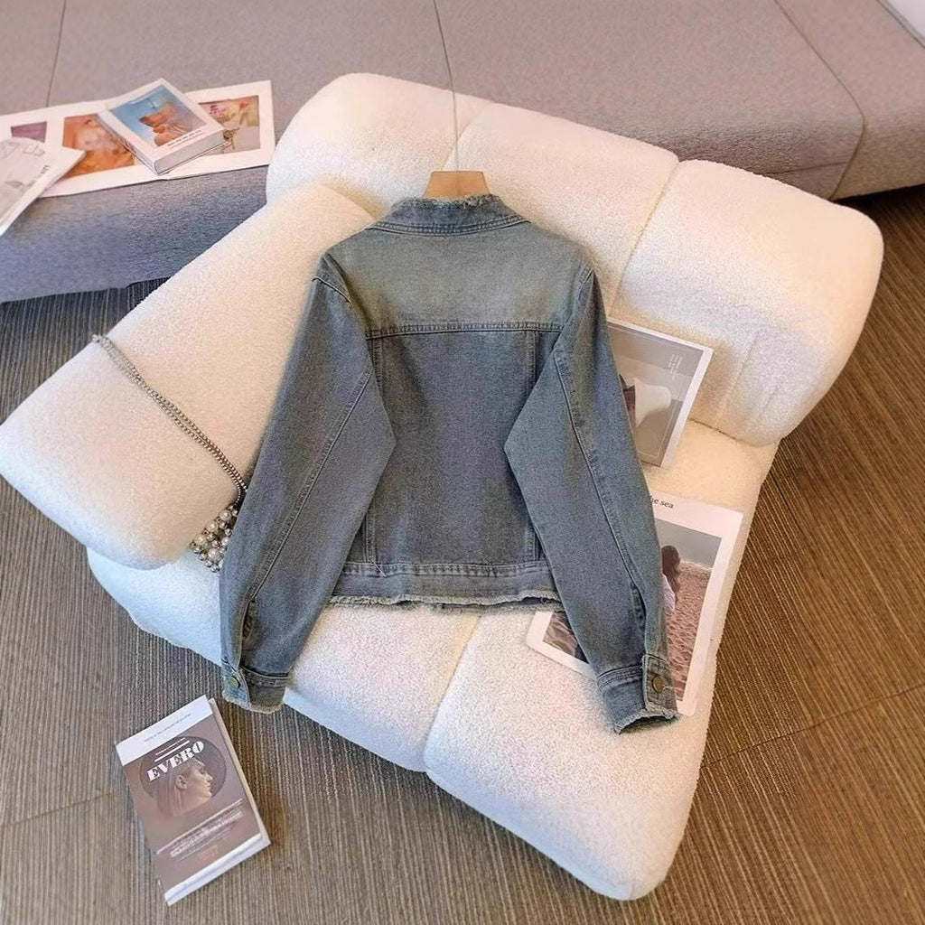 Vintage Washed And Raw-Edged Denim Jacket For Women