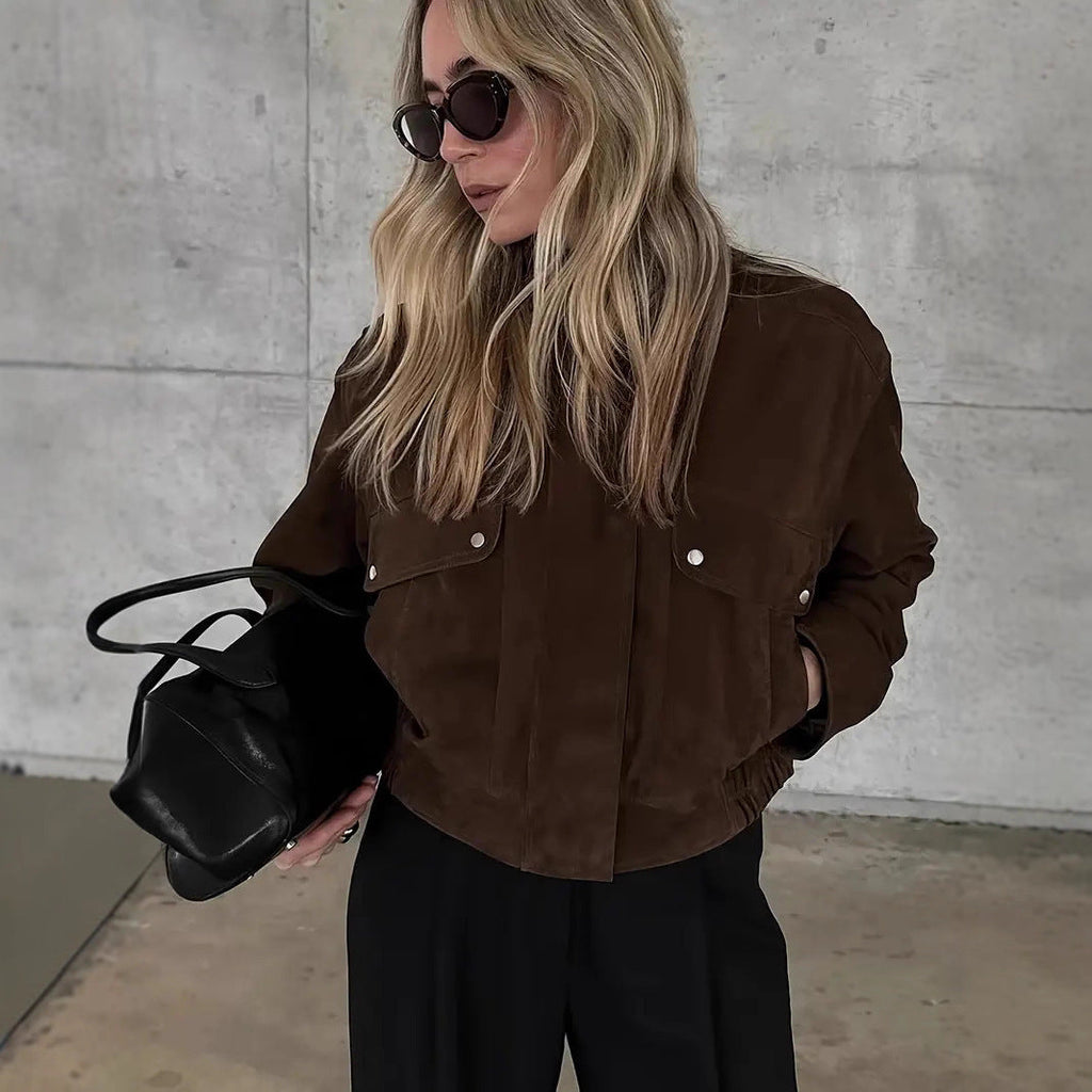 Jacket Brown Coat Front Zipper Short Trench Coat Coat
