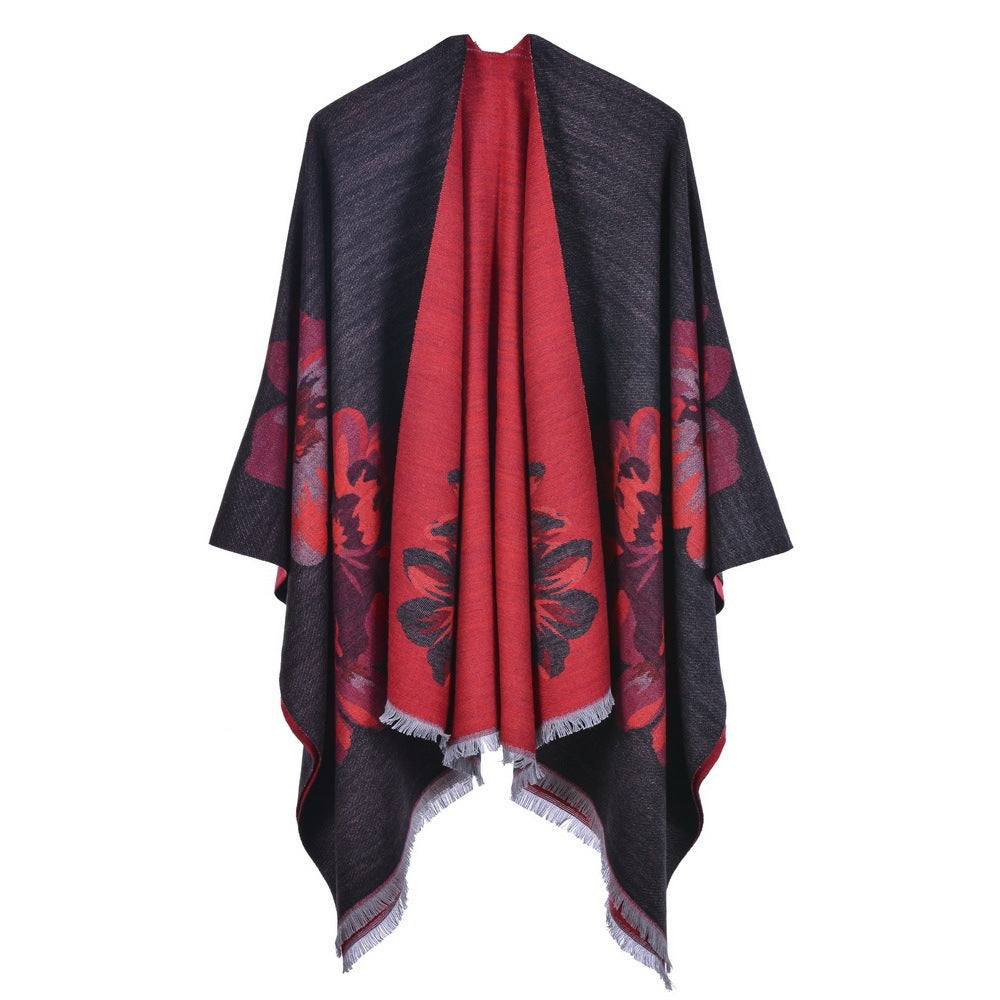 European And American Fashion Jacquard Split Thickened Warm Split Shawl