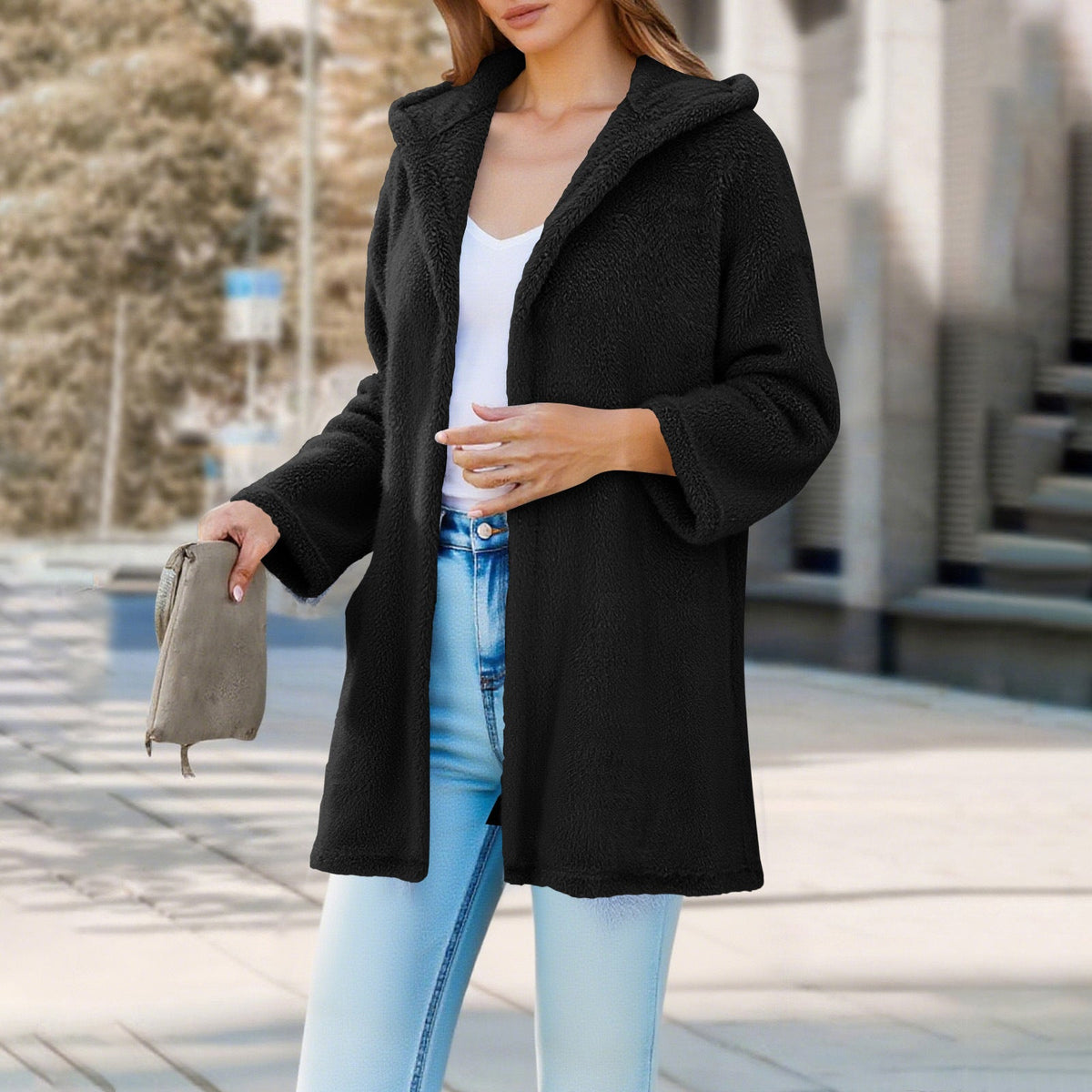 Pine Plush Hooded Cardigan Mid-length Coat Women