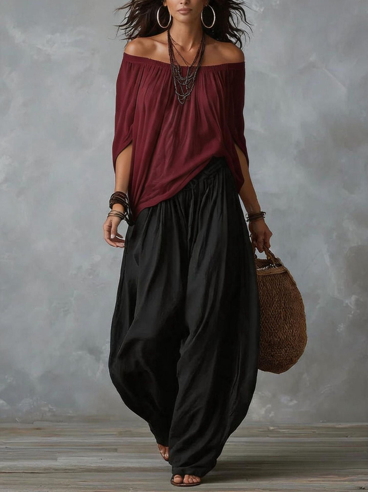 Women's Off-Shoulder Suit Long Sleeve Top And Flare Leg Pants Set - Loose Fit Casual Two Piece Outfit
