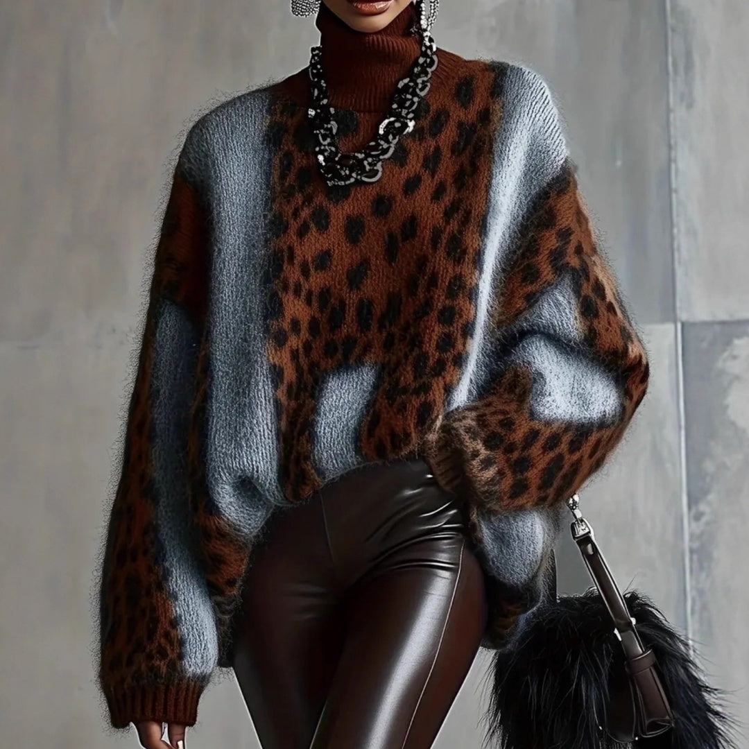 Leopard Print Loose Fit Vintage Patchwork Knit Sweater