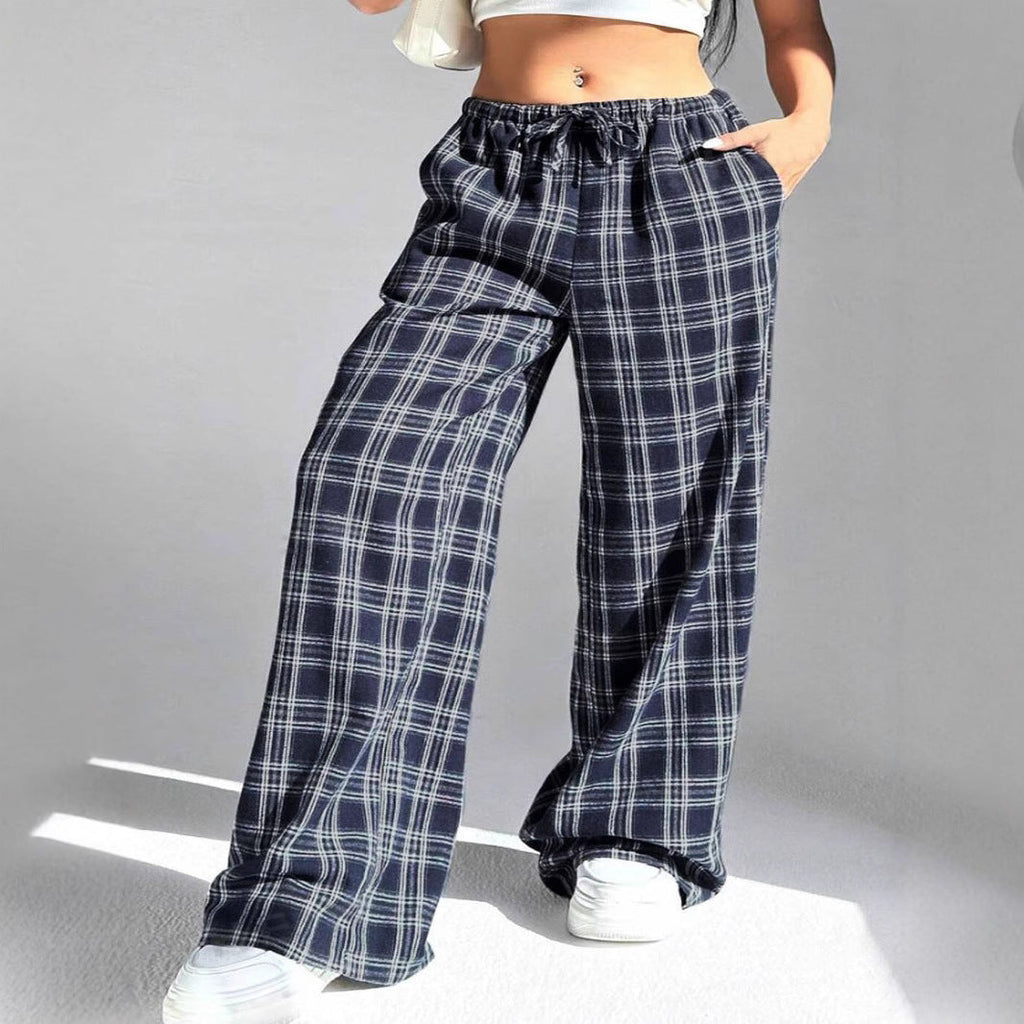 Women's Casual All-match Loose Drawstring Plaid Pocket Trousers