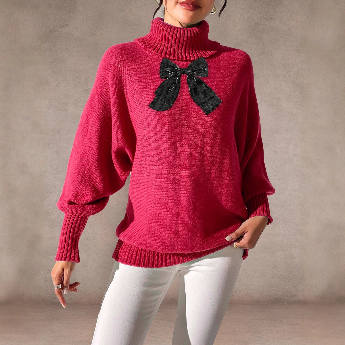 Women's Batwing Sleeve Lace Bow Patchwork Turtleneck Sweater