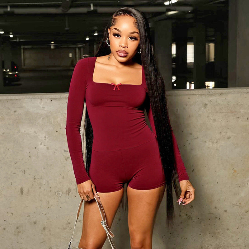New Square Collar Bow Long Sleeve Top Tight Shorts Suit Women