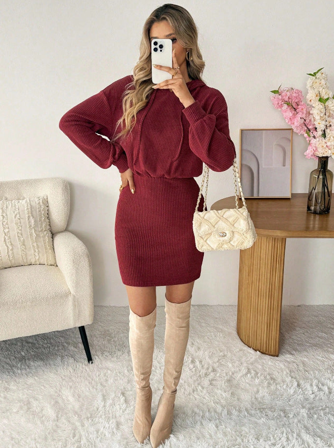 Women's Solid-Color Loose-Fit Hooded Long-Sleeve Casual Dress