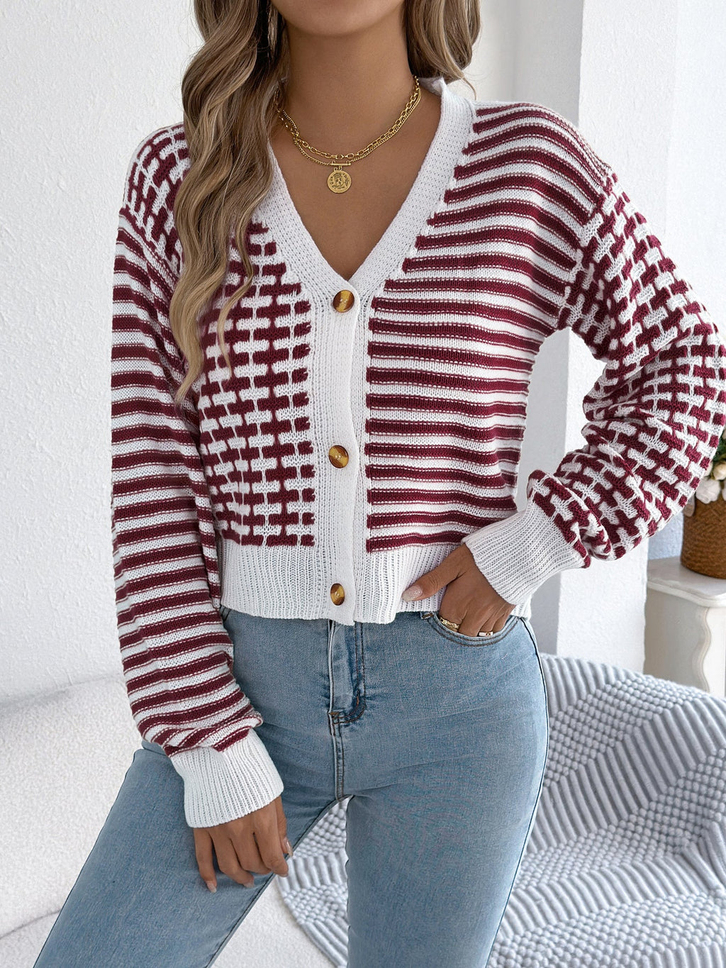 Women Color Block Stripe Lantern Sleeve Short Cardigan Sweater
