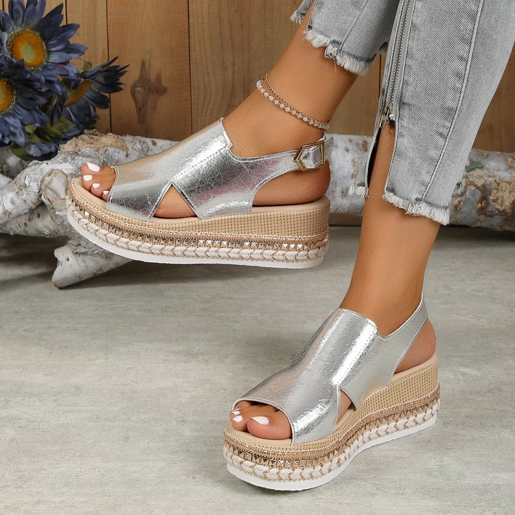 Summer Shiny Sandals Hollow Design Fish Mouth Sandal For Women Fashion Buckle Wedges Shoes