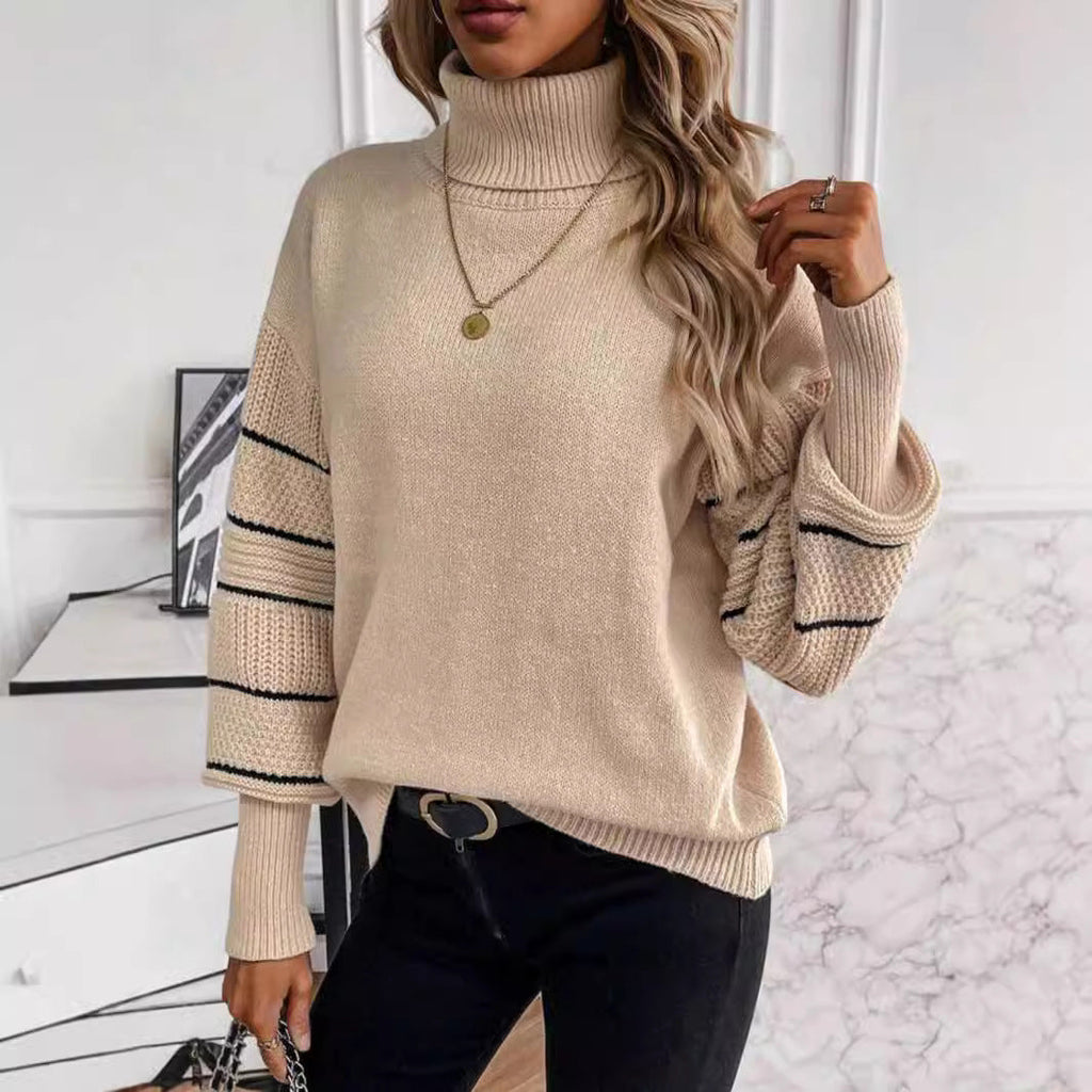 Striped Turtleneck Drop-shoulder Pullover Long Sleeve