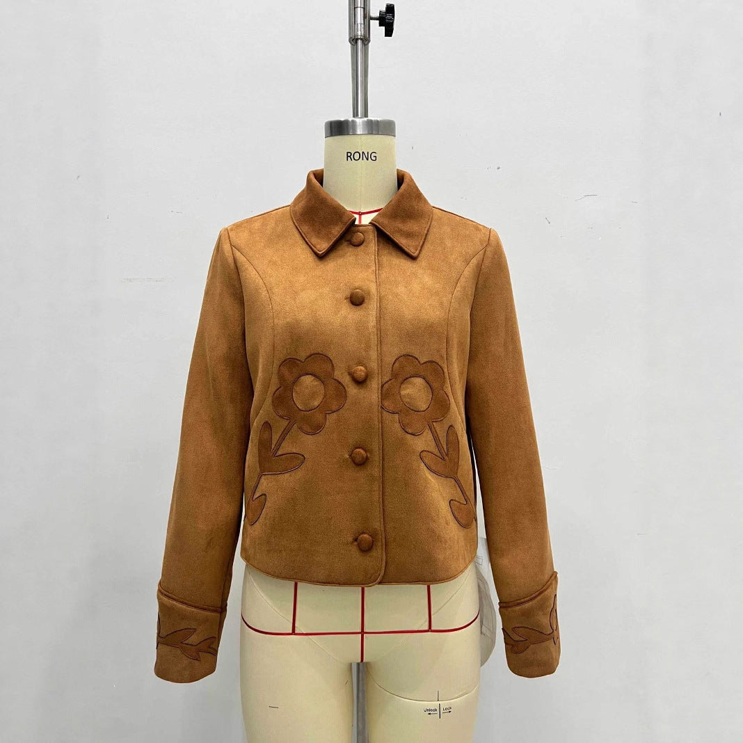 Elegant Vintage Suede Flower Short Coat