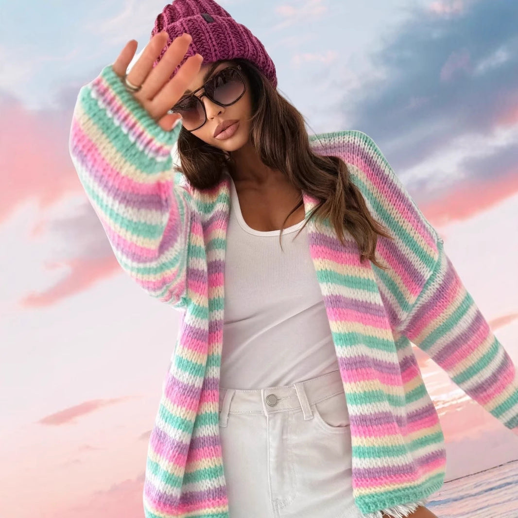 Rainbow Striped Sweaters Round Neck Long Sleeve Loose