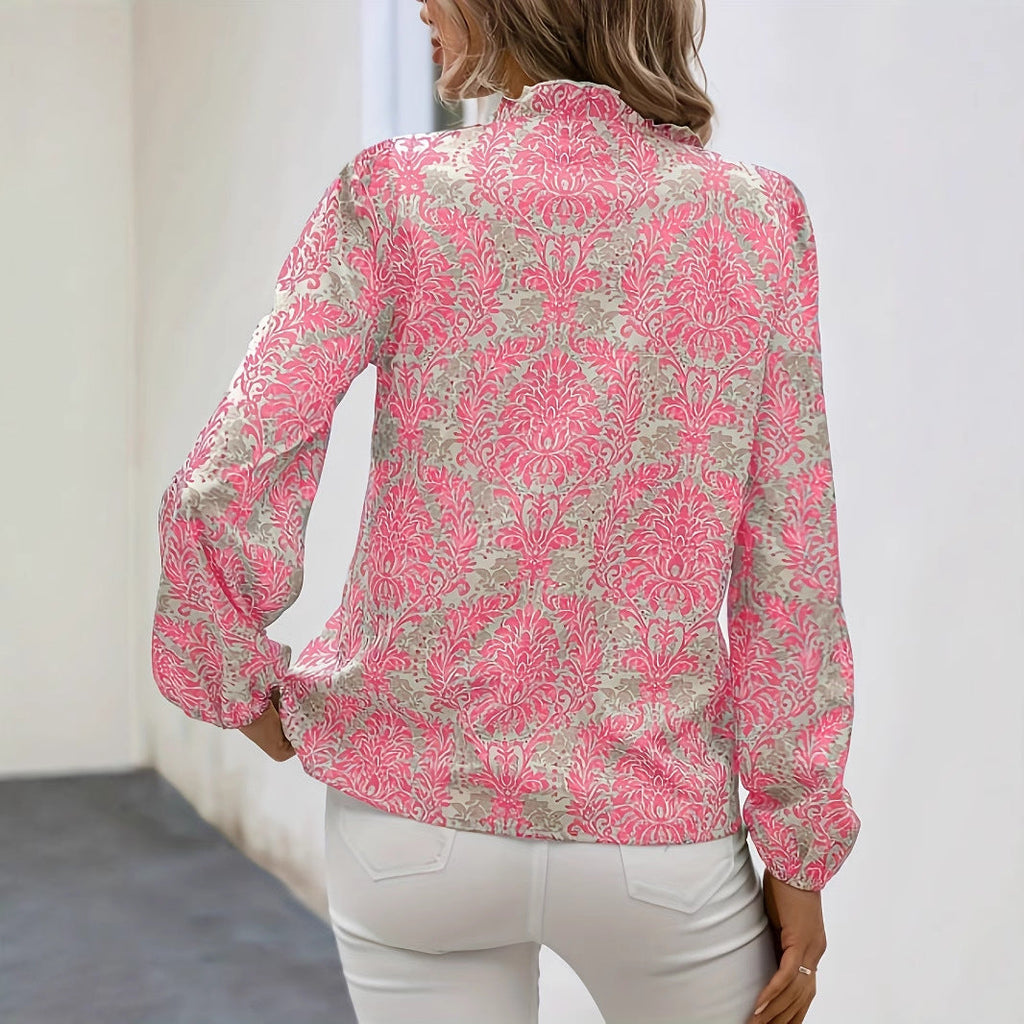 Full Print Lantern Sleeve Ruffled Trim Shirt