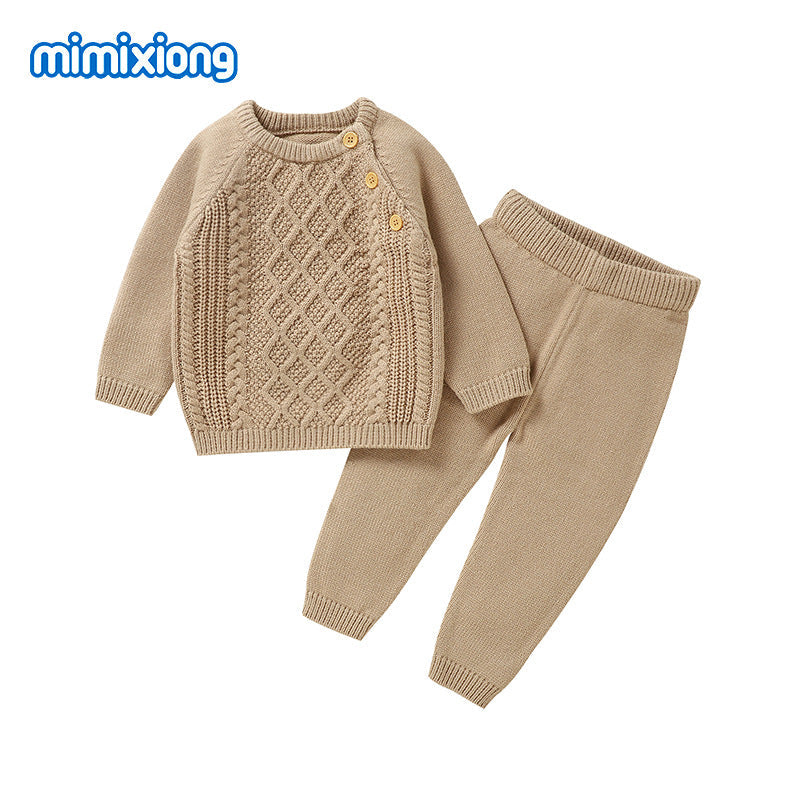 Baby Knitted Solid-Color Diamond-Shape Top Pants Set
