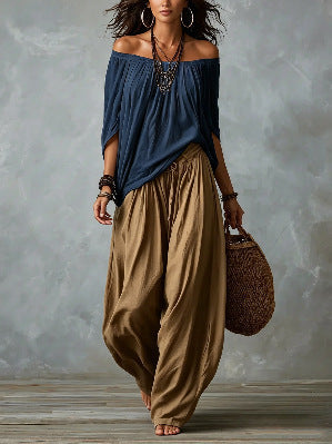 Women's Off-Shoulder Suit Long Sleeve Top And Flare Leg Pants Set - Loose Fit Casual Two Piece Outfit