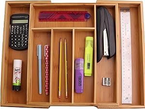 VickyHome Extendable Bamboo Cutlery Tray Kitchen Drawer Organiser 6-8 Storage Compartments